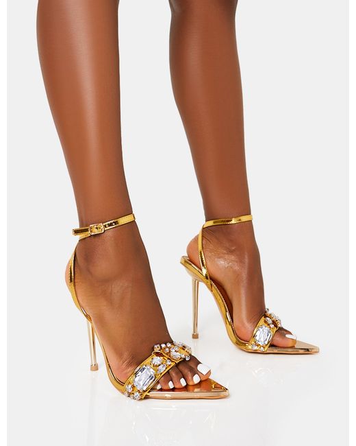 Public Desire Brown Icicle Gold Metallic Patent Extreme Jeweled Ankle Strap Pointed Toe Stiletto Heels