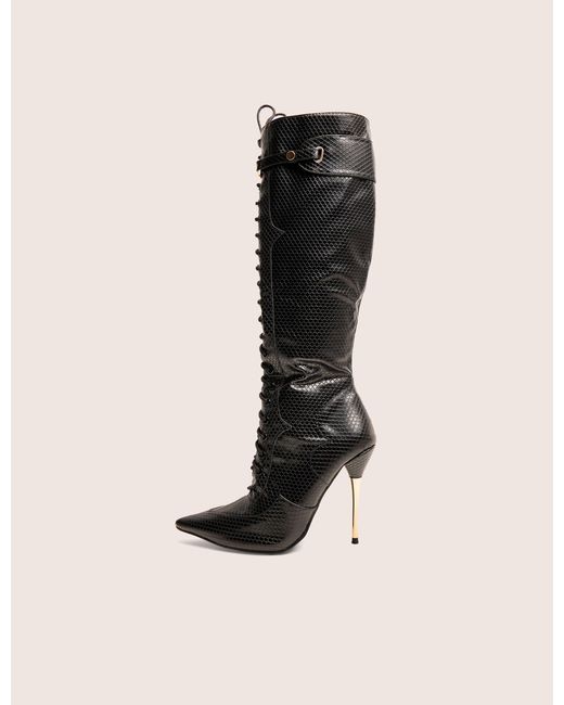 Public Desire White Infatuated Black Croc Lace Up Buckle Feature Stiletto Knee High Boots