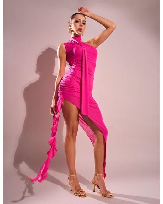 Public Desire Mesh Choker Detail Asymmetric Midaxi Dress Fuchsia Pink