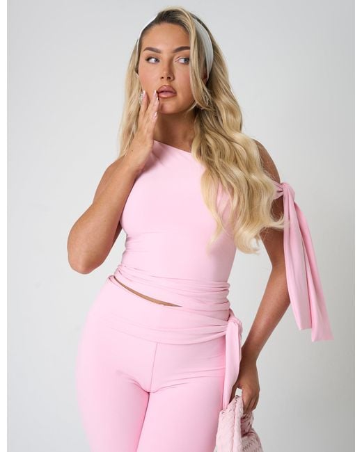 Public Desire Knot Detail Asymmetric One Shoulder Luxe Slinky Top Soft Pink