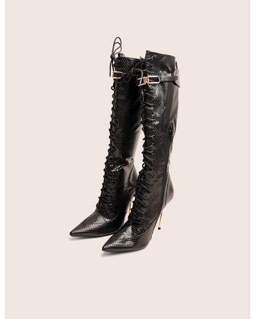 Public Desire White Infatuated Black Croc Lace Up Buckle Feature Stiletto Knee High Boots