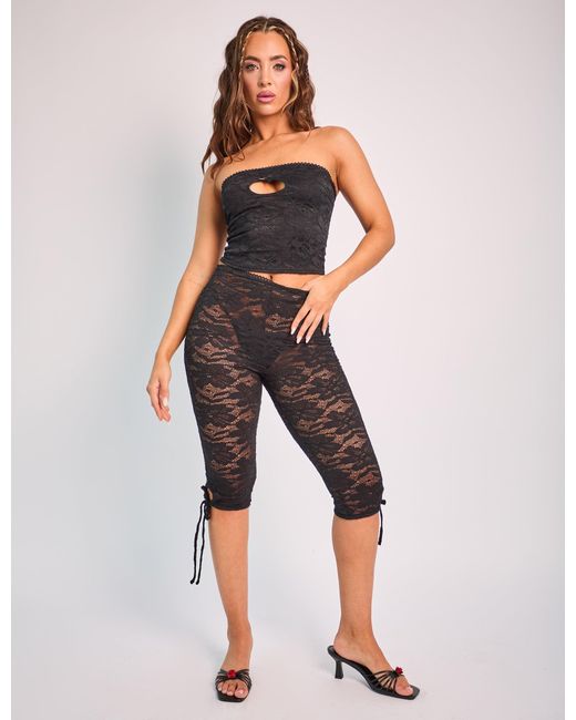 Public Desire Multicolor Tie Detail Lace Capri Leggings Black