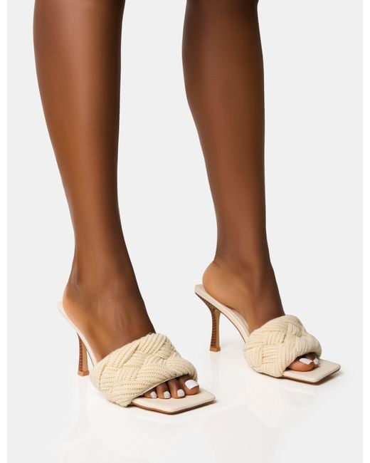 Public Desire Brown Nectar Cream Wooden Stack Knitted Square Toe Heels