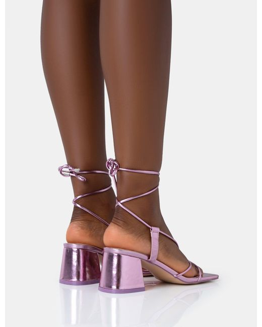 Public Desire Brown Aloha Pink Metallic Lace Up Block Mid Heeled Sandals