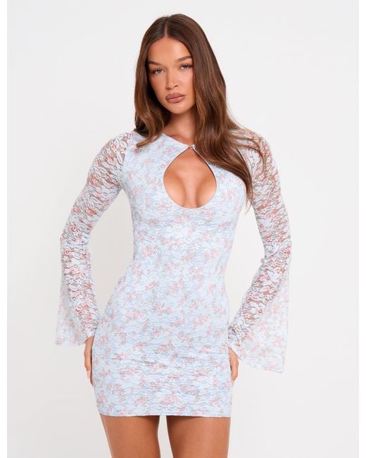Public Desire White Flared Long Sleeve Floral Lace Mini Dress Blue