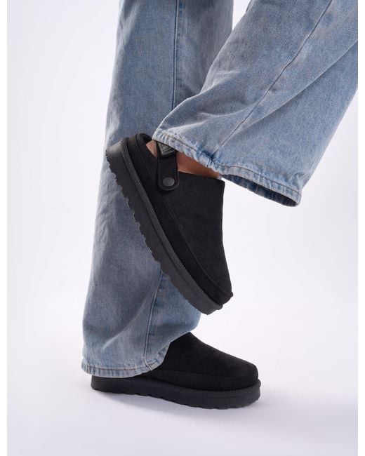 Public Desire Blue Goldie Black Faux Fur Lined Mules