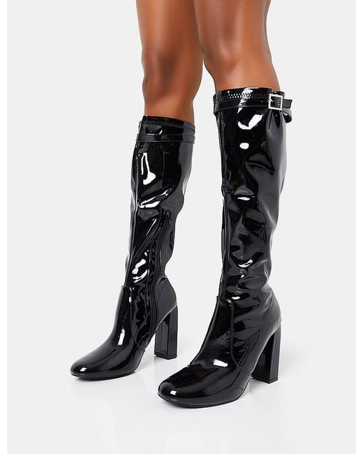 Public Desire White First Class Black Patent Diamante Buckle Strap Detail Rounded Toe Knee High Block Heeled Boots