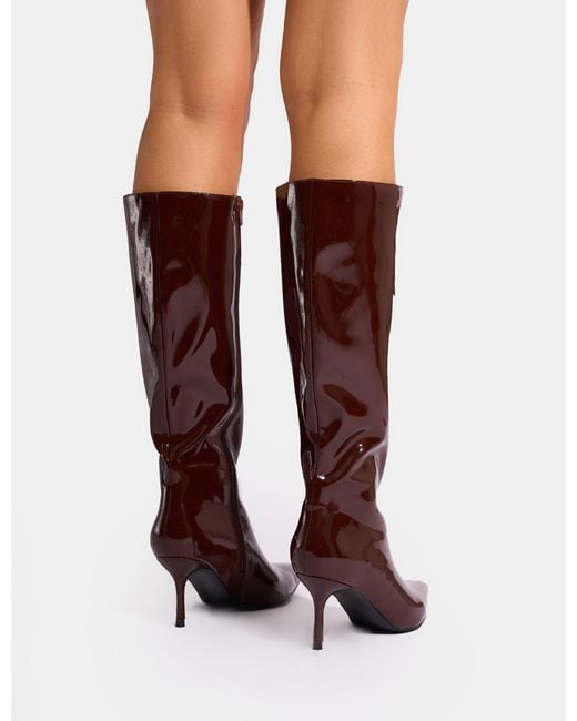 Public Desire Red Amped Chocolate Patent Pointed Toe Mid Heel Knee High Boots