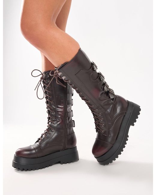 Public Desire Black Vex Burgundy Multi Buckle Detail Lace Up Knee High Boots