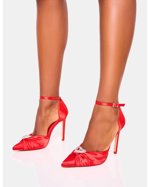 Public Desire Meant To Be Red Satin Diamante Heart Court Stiletto Heel