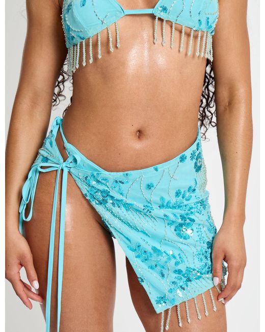Public Desire Beaded Embellished Bikini Cover Up Skirt Blue