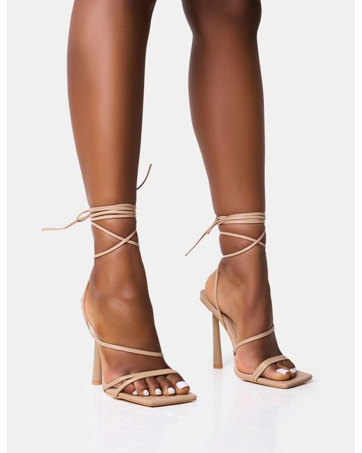 Public Desire Brown Bad Gal Nude Strappy Lace Up Square Toe Heels