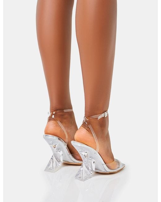 Public Desire Brown Twin Flame Silver Mirror Clear Perspex Wrap Around Barely There Inverted Wedged Square Toe High Heels