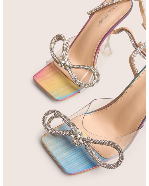 Public Desire Multicolor Glimmer Multi Holographic Wrap Around Diamante Bow Square Toe Heels