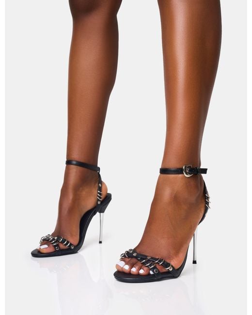 Public Desire Brown Monster Jam Black Metal Detail Barely There Round Toe Stiletto Heels