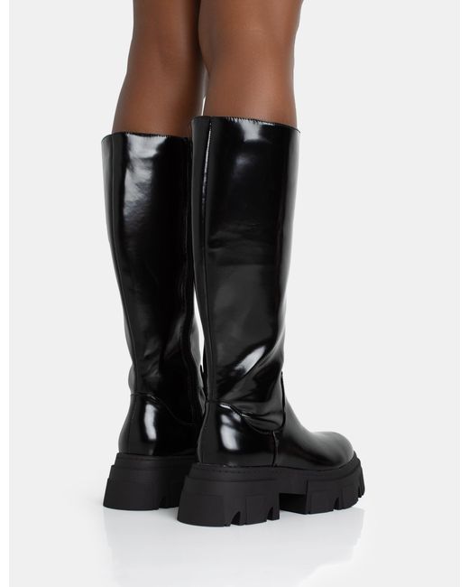 Public Desire Scorpio Black Rubberised Pu Rounded Toe Chunky Sole Knee High Boots