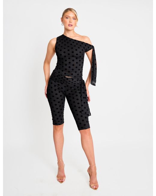 Public Desire Knot Detail Asymmetric One Shoulder Polka Dot Devore Top Black