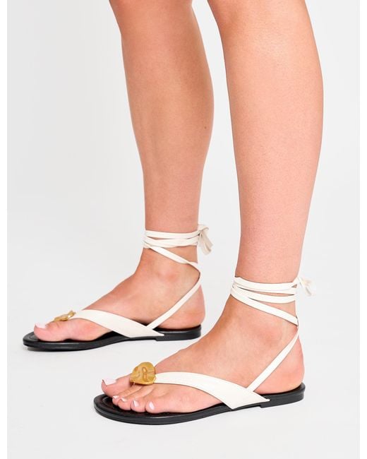 Public Desire Orange Aelia Cream Pu Gold Lace Up Trim Toe Post Flip Flop Sandal