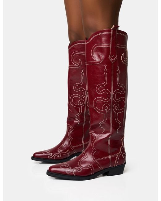 Public Desire Serpentine Burgundy Wide Fit Snake Embroidered Flat Knee High Western Boots