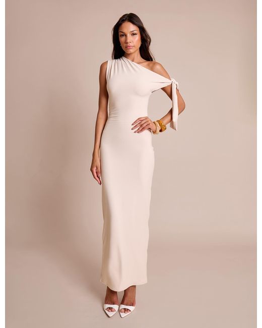 Public Desire Natural Knot Detail Asymmetric One Shoulder Luxe Slinky Maxi Dress Stone