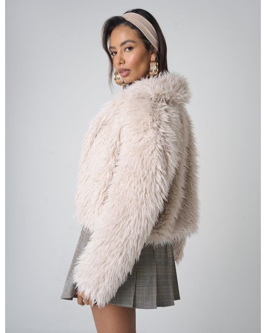 Public Desire Gray Cropped Shaggy Faux Fur Jacket Beige