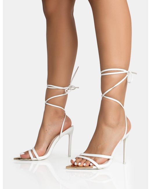 Public Desire Unapologetic White Satin Barely There Gold Pointed Toe Stiletto Heels