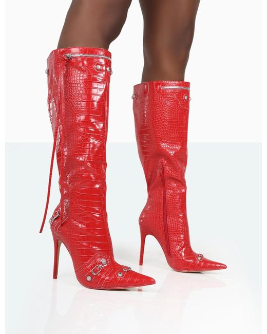 Public Desire Davina Red Patent Croc Pointed Toe Zip Detail Knee High Boots