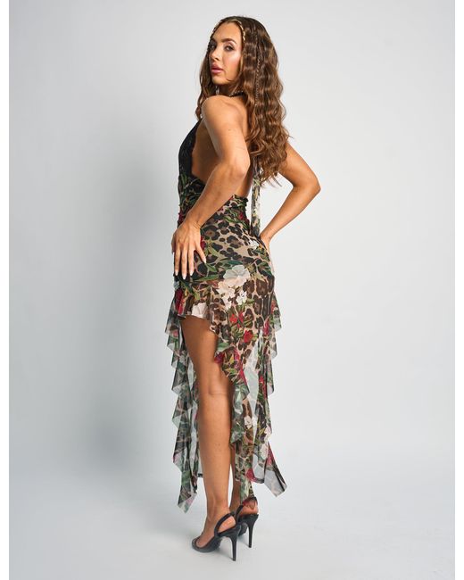 Public Desire White Lace Plunge Halter Neck Ruffle Maxi Dress Multi