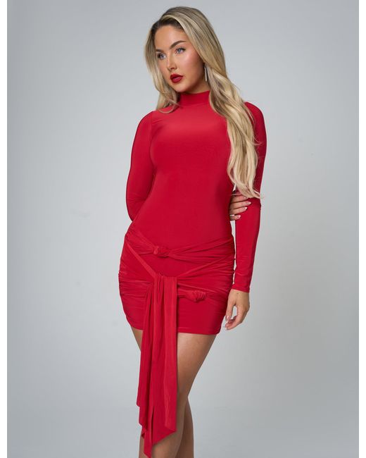 Public Desire Slinky Knot Front Detail Long Sleeve Mini Dress Red