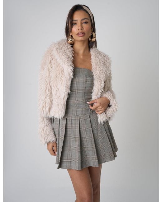 Public Desire Gray Cropped Shaggy Faux Fur Jacket Beige