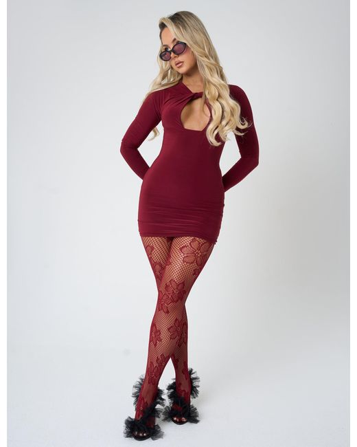 Public Desire Red Twist Detail Plunge Mini Dress Burgundy