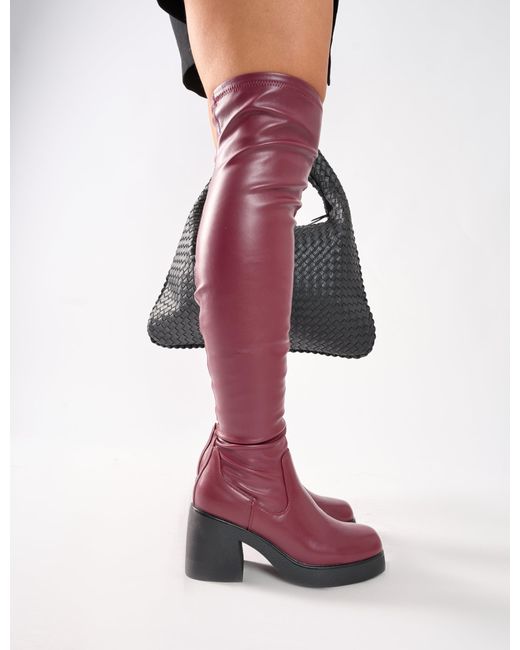 Public Desire Sensored Burgundy Chunky Sole Sock Over The Knee Boots