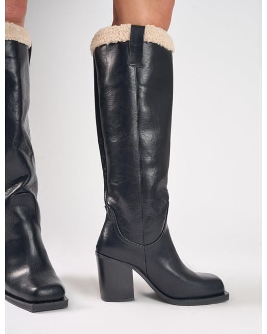 Public Desire Colden Vintage Black Fur Trim Block Heel Knee High Boots