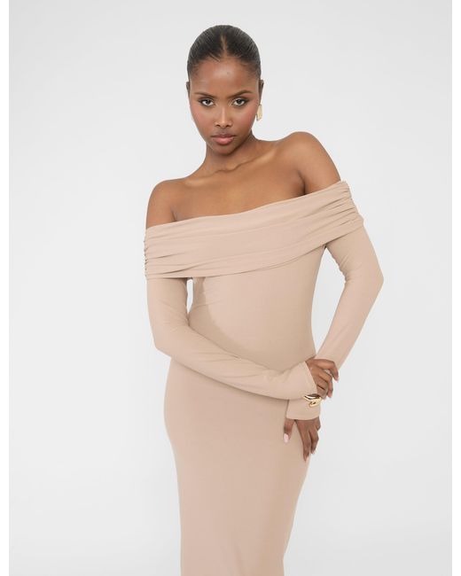 Public Desire Gray Bardot Luxe Slinky Maxi Dress Latte