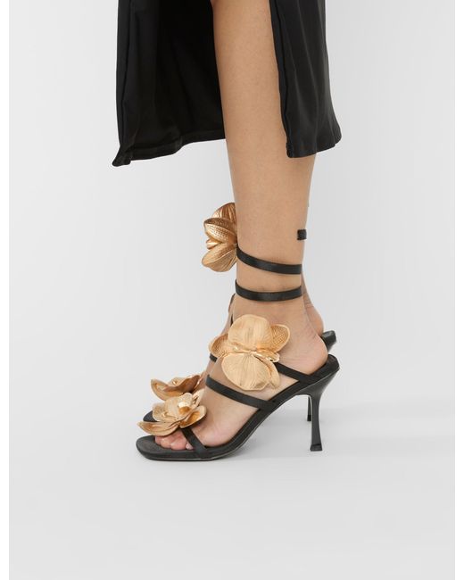 Public Desire Lotus Black Satin & Gold Flower Trim Wrap Around Flared Stiletto High Heels
