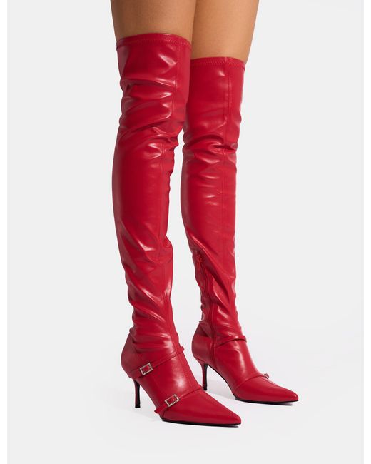 Public Desire Roulette Red Pointed Toe Diamante Buckle Mid Heel Over The Knee Sock Boots