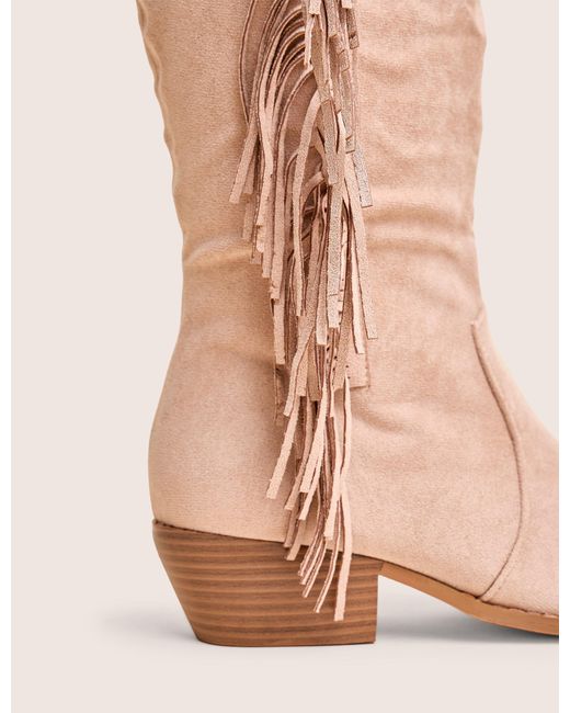 Public Desire Natural Tucker Beige Faux Suede Knee High Tassle Detail Western Boots