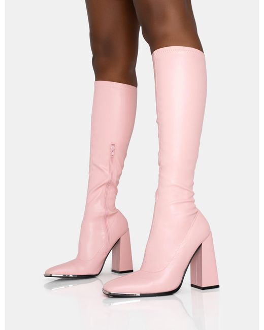 Public Desire Caryn Baby Pink Pu Knee High Block Heeled Boots