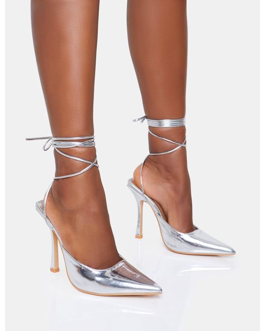 Public Desire White Verity Wide Fit Silver Pu Slingback Lace Up Pointed Court Stiletto Heels
