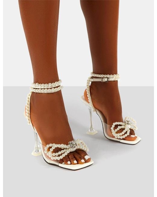 Public Desire Brown Glimmer White Wrap Around Pearl Detail Bow Square Toe Cake Stand Heels
