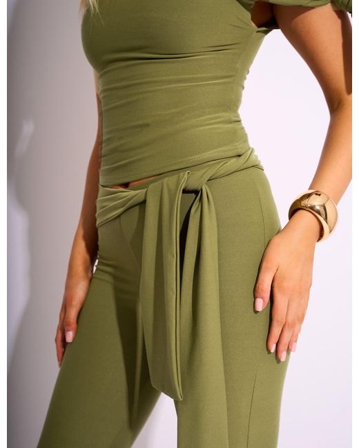 Public Desire Multicolor Knot Detail Tie Side Luxe Slinky Capri Pants Khaki