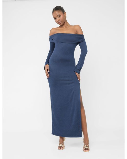 Public Desire Blue Long Sleeve Off The Shoulder Bardot Maxi Dress Navy