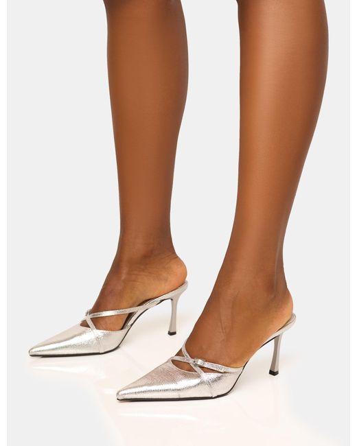 Public Desire Brown Casanova Cracked Silver Buckle Detail Pointed Toe Mid Heel Mules