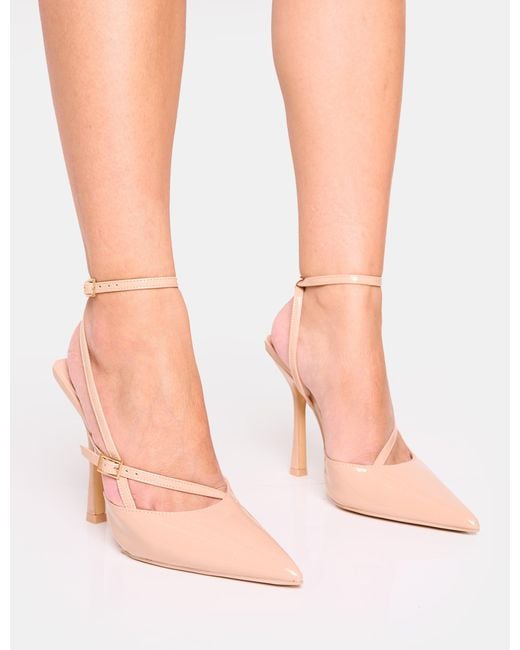 Public Desire Pink Idol Nude Patent Buckle Strappy Detail Stiletto Pointed To Court High Heels