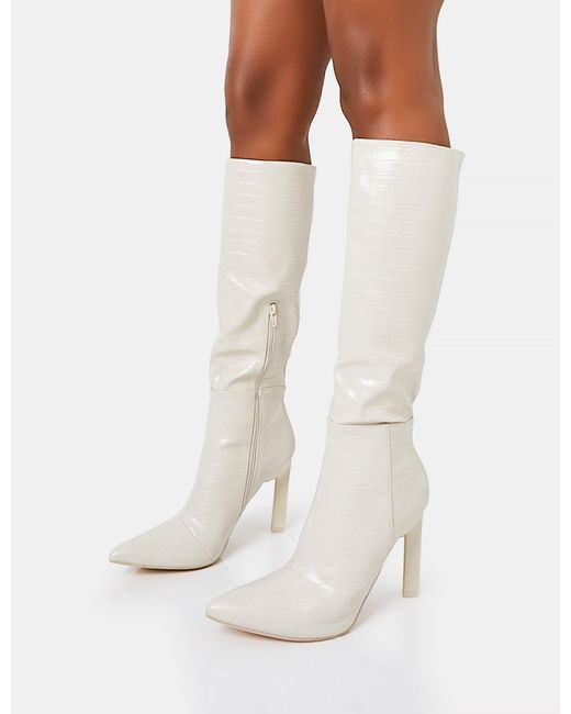 Public Desire White Unite Ecru Croc Pointed Toe Knee High Block Heeled Boots