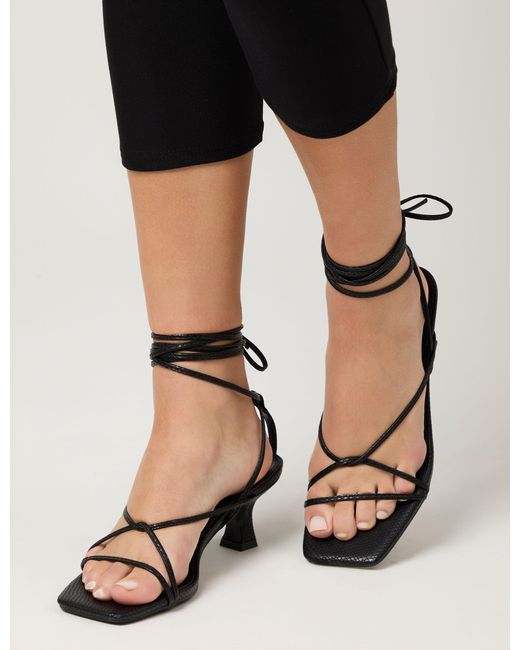 Public Desire Multicolor Shibuya Black Snake Texture Pu Square Toe Lace Up Low Heels