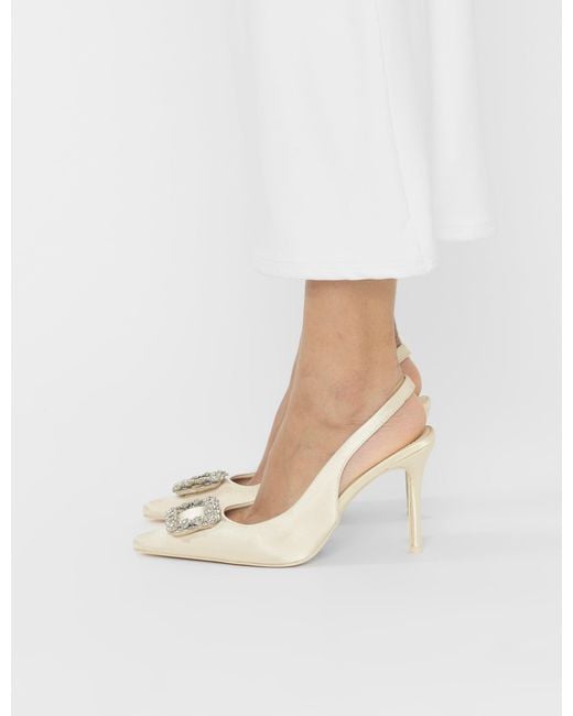 Public Desire White Flint Ivory Satin Brooch Slingback High Heels