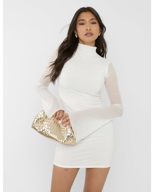 Public Desire Mesh High Neck Long Sleeve Mini Dress White