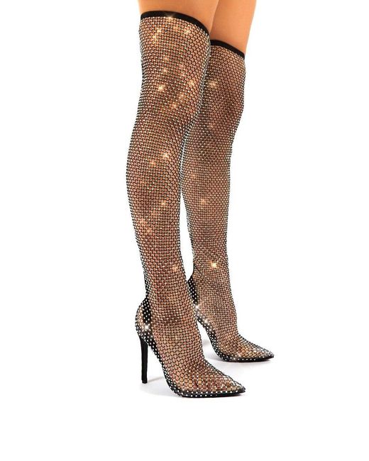 Public Desire Synthetic Deal Breaker Black Diamante Fishnet Stiletto Over The Knee High Heels - Lyst