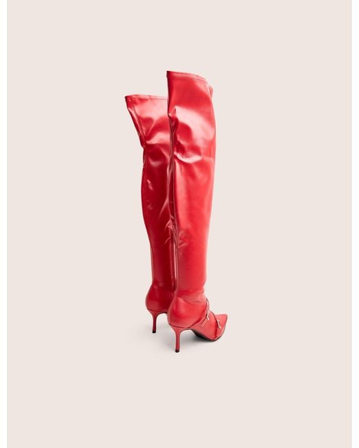 Public Desire Roulette Red Pointed Toe Diamante Buckle Mid Heel Over The Knee Sock Boots